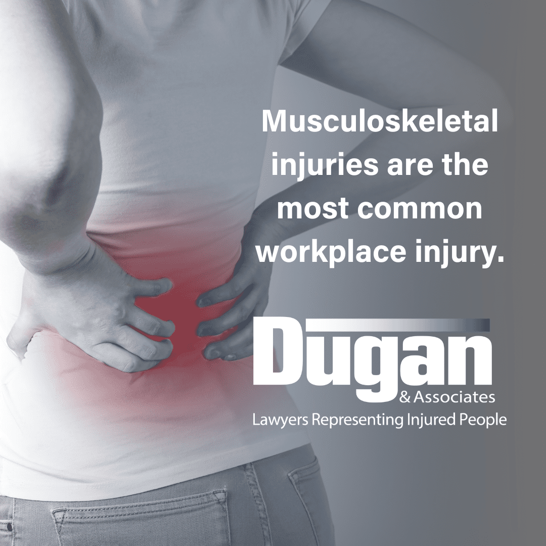 Image of a person with their hands on their back and a red highlight indicating pain. A statement reads "Musculoskeletal injuries are the most common in the workplace."
