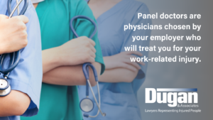 Image of doctors holding stethoscopes with text on the right side of the image that says 'Panel doctors are physicians chosen by your employer who will treat you for your work-related injury.'