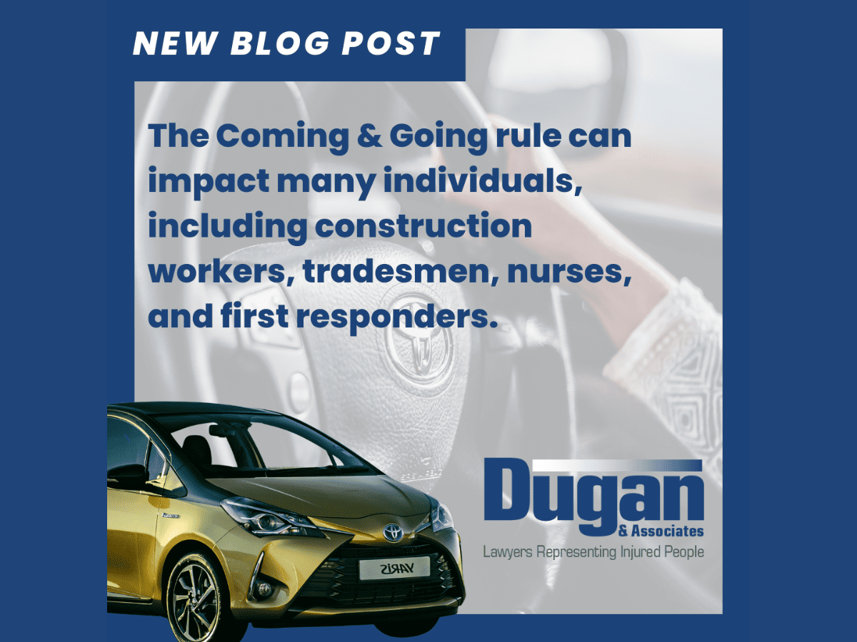 image of someone's hands on a steering wheel with text that reads, 'the coming and going rule can impact many individuals, including construction workers, tradesmen, nurses, and first responders.'