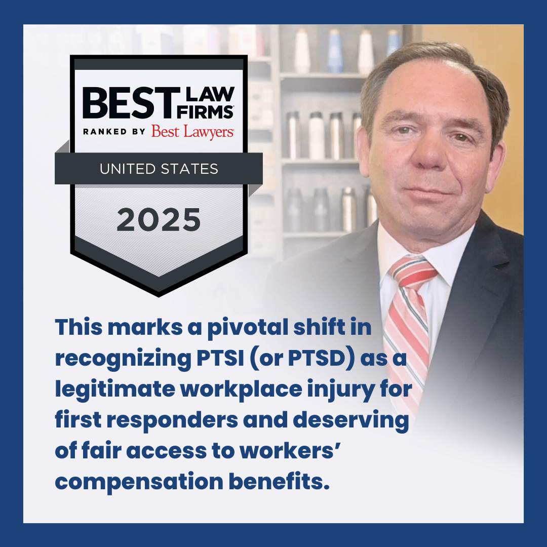 Best Law Firms Ranked by Best Lawyers. United States 2025. Image of Workers' Compensation Attorney Mitch Dugan. Mitch's quote about Pennsylvania Act 121 that reads: "This marks a pivotal shift in recognizing PTSI (or PTSD) as legitimate workplace injury for first responders and deserving of fair access to workers’ compensation benefits."