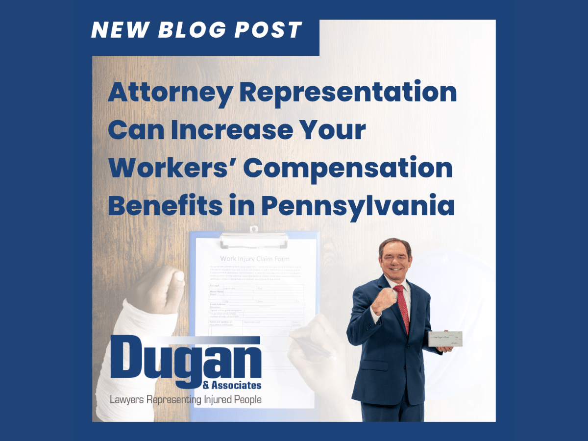 Picture of injured worker completing workers' compensation application accompanied by a picture of workers' compensation attorney Mitch Dugan from Dugan & Associations with copy that reads "Attorney Representation Can Increase Your Workers’ Compensation Benefits in Pennsylvania."