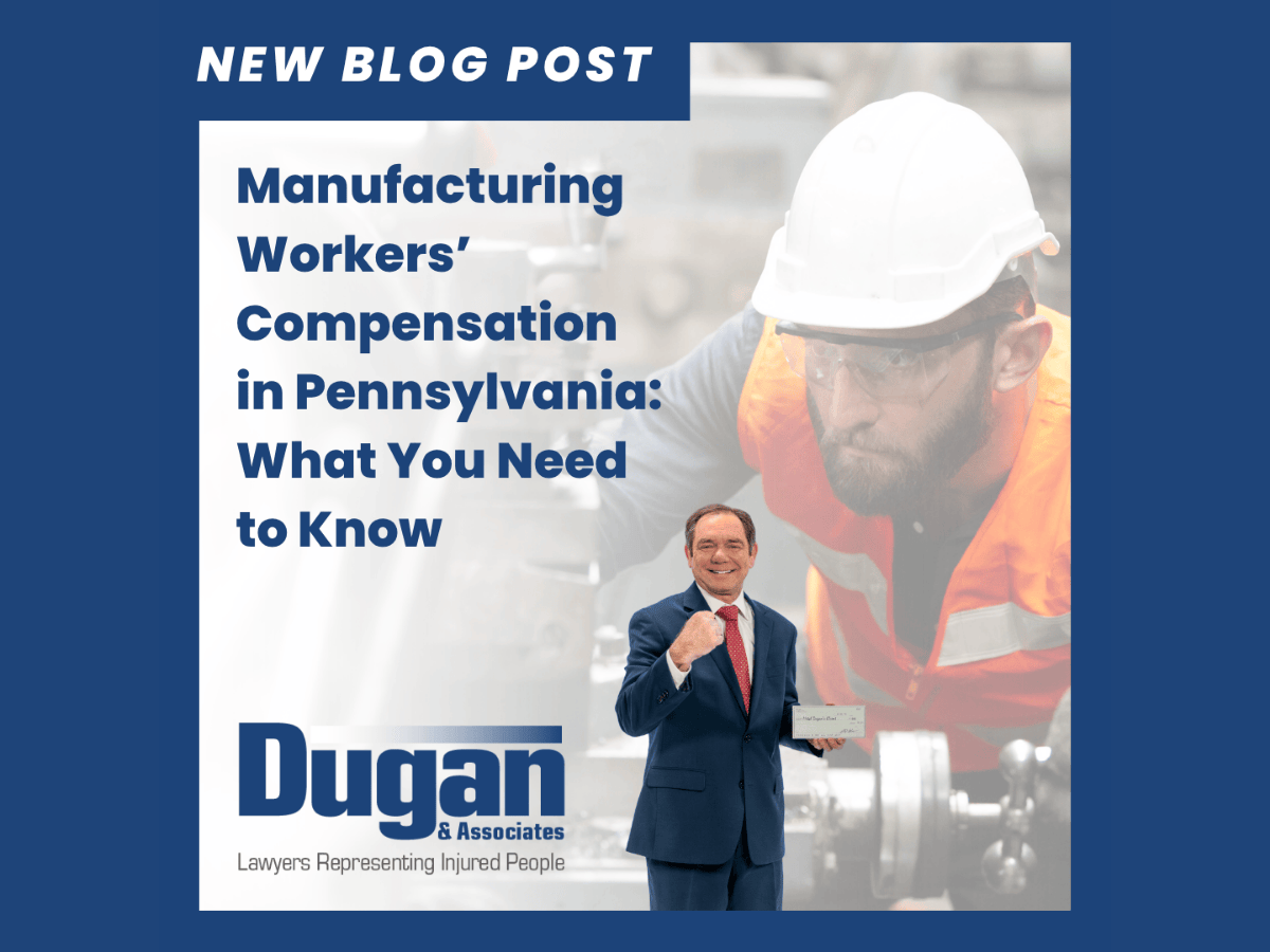 New Blog Post. Manufacturing Workers' Compensation in Pennsylvania: What You Need to Know. Dugan & Associates, Lawyers Representing Injured People. Picture of a manufacturing worker in a hard hat performing a task in a manufacturing plan. Picture of Pittsburgh workers' compensation attorney Mitch Dugan making a fist and holding a check, a check the injured manufacturing worker deserves.