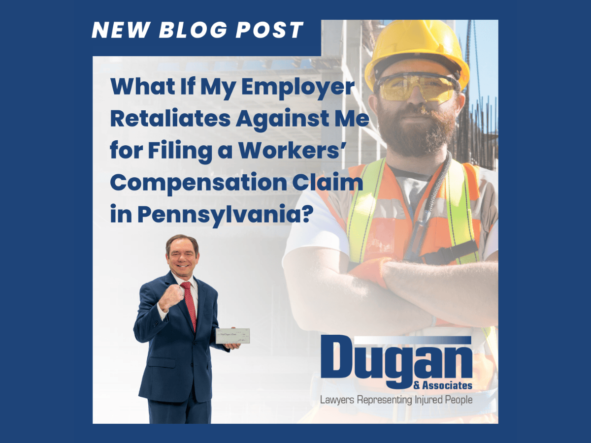 Mitch Dugan from Dugan & Associates, Lawyers Representing Injured People, making is signature fist and a construction worker that represents his new blog post titled: What If My Employer Retaliates Against Me for Filing a Workers&rsquo; Compensation Claim in Pennsylvania?